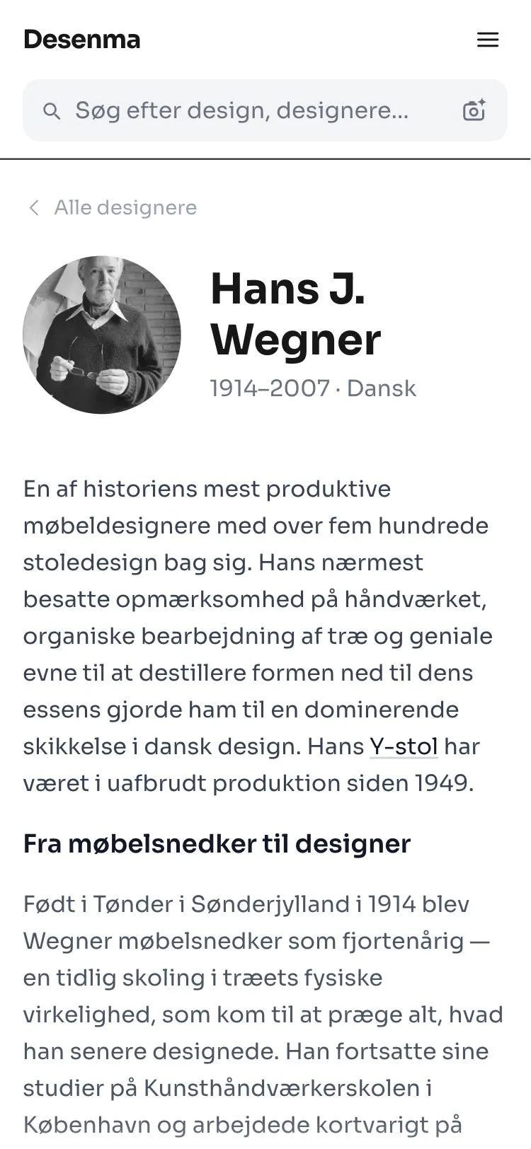 Designer page for Hans J. Wegner