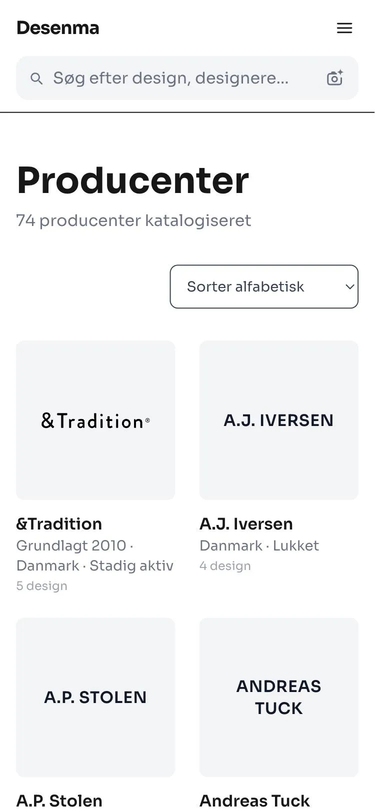 Index of 74 catalogued manufacturers