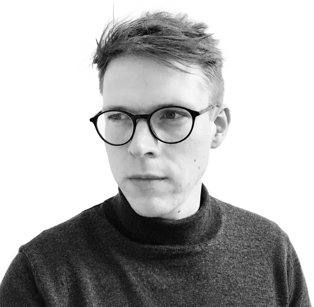 Black-and-white portrait of Søren Boesen in a turtleneck, looking to the side